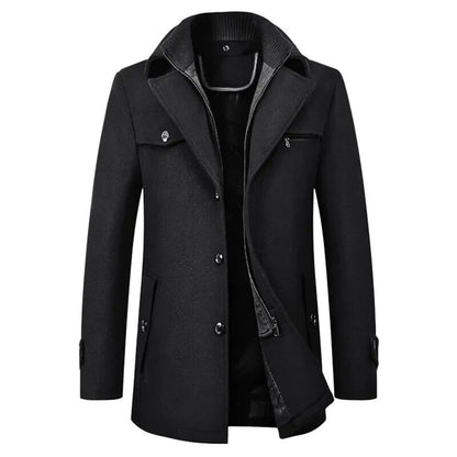 Manteau en laine noir pour homme – Manteau classique d’hiver avec silhouette structurée.