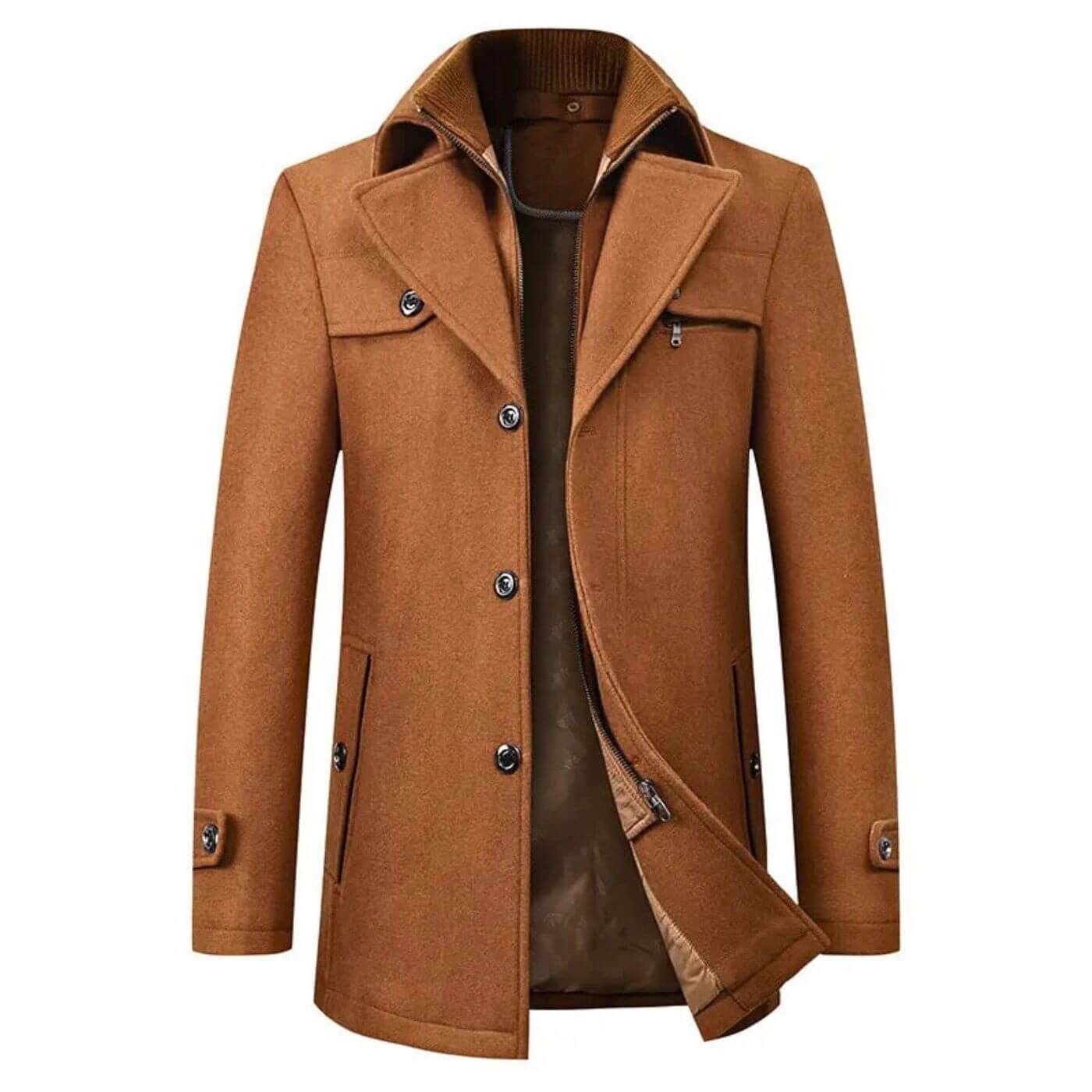 Manteau en laine camel pour homme – Veste d’hiver mi-longue avec col montant et fermeture boutonnée.