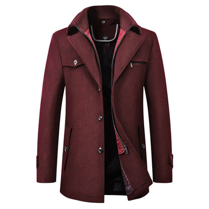 Manteau en laine bordeaux pour homme – Manteau rouge foncé avec col haut et doublure chaude.