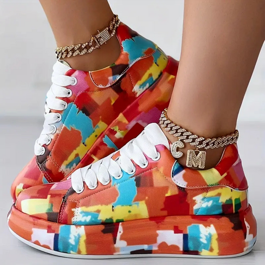 Baskets Femme à Semelle Plateforme, Design Multicolore à Lacets