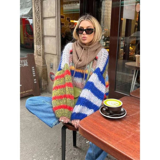 Pull en maille femme à rayures multicolores – coupe oversize