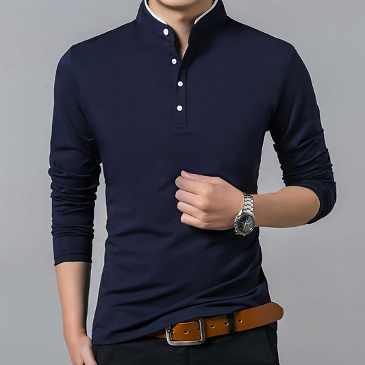 Chemise homme col mao manches longues – bleu marine