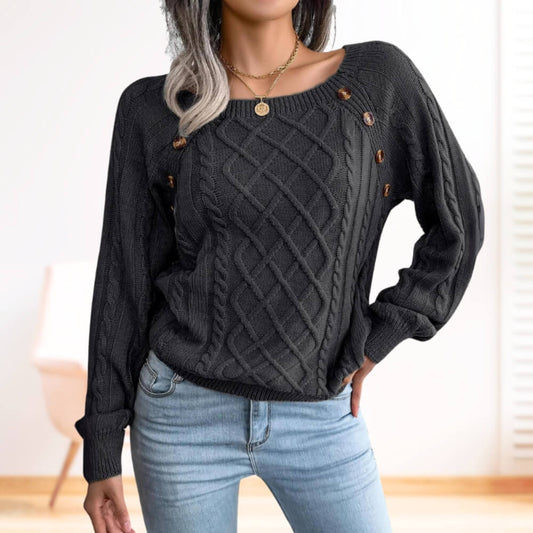 Pull femme torsadé noir – manches longues col rond avec boutons