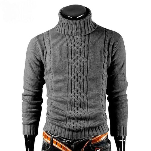 Pull homme gris torsadé – col roulé ajusté à manches longues