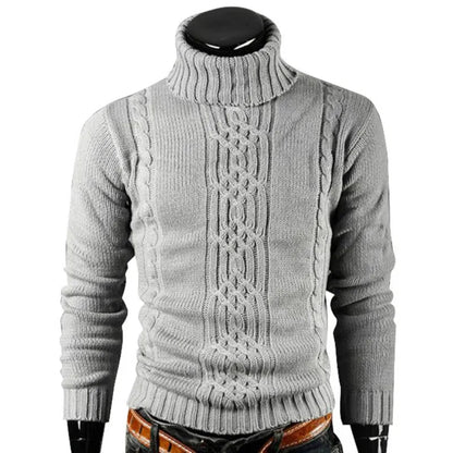 Pull homme gris torsadé – col roulé ajusté à manches longues