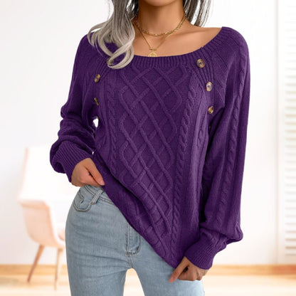 Pull femme torsadé noir – manches longues col rond avec boutons